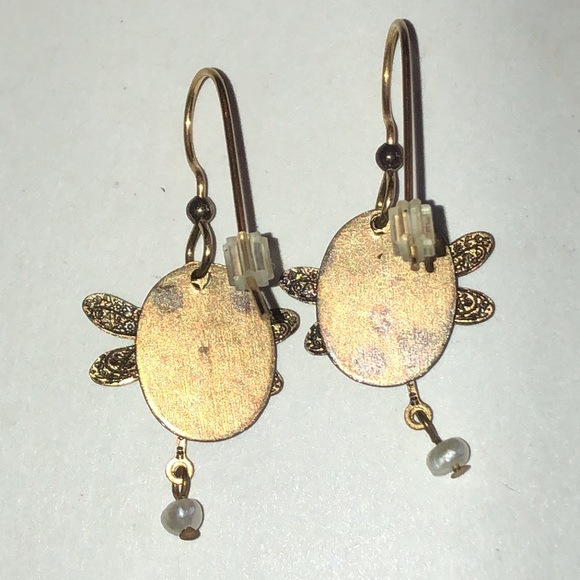 Dragonfly Dangle Earrings in Blue and Brass Aged Metal - Picture 4 of 4